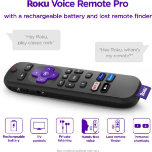 Roku Voice Remote Pro with TV controls | Rechargeable , lost remote finder, private listening , and shortcut buttons for Roku Players, TV, & Streambars