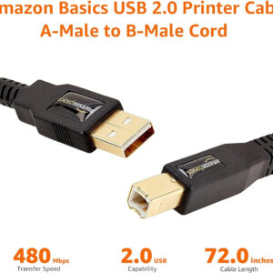 amazon Basics USB-A to USB-B 2.0 Cable for Printer or External Hard Drive, Gold-Plated Connectors, 6 Foot, Black