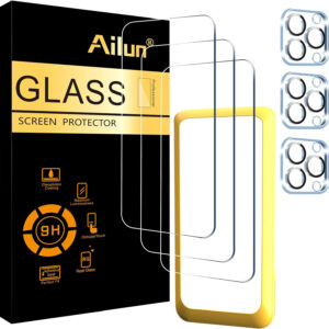 Ailun 3 Pack Screen Protector for iPhone 15 Pro Max [6.7 inch] + 3 Pack Camera Lens Protector with Installation Frame,Sensor Protection,Dynamic Island Compatible,Case Friendly Tempered Glass Film