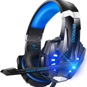 BENGOO G9000 Stereo Gaming Headset for PS4 PC Xbox One PS5 Controller, Noise Cancelling Over Ear Headphones with Mic, LED Light, Bass Surround, Soft Memory Earmuffs (Blue)