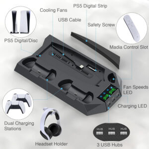 PS5 Stand and Cooling Station with Dual Controller Charging Station for Playstation 5 Console, PS5 Accessories Incl. Cooling fan, Headset holder, 3 USB Hub, Media Slot, Screw White