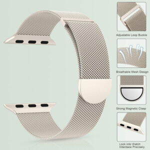 Marge Plus Compatible with Apple Watch Band Series 9, Ultra/Ultra 2, SE, 8 7 6 5 4 3 2 1 38mm 40mm 41mm 42mm 44mm 45mm 49mm Women and Men, Stainless Steel Mesh Loop Magnetic Clasp Replacement for iWatch Bands (41mm/40mm/38mm, A--Starlight).
