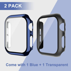 Smiling 2 Pack Case Built in Tempered Glass Screen Protector Compatible with Apple Watch SE 2023 /Series 6/ SE 2/Series 5/Series 4 44mm, Hard PC Case Overall Protective Cover-Matt Black