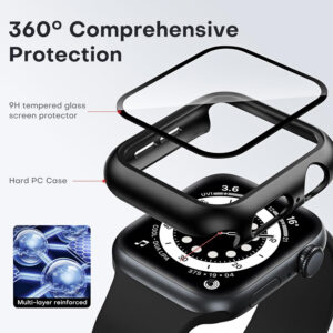 TAURI 2 Pack Hard Case Designed for Apple Watch Series 9 (2023) Series 8/7 45mm, [HD Clear] Built-in 9H Tempered Glass Screen Protector, [Full Protection] Slim Cover for iWatch S9/S8/S7 45mm - Black