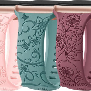 3 Pack Floral Engraved Bands Compatible with Apple Watch Band 40mm 41mm 38mm 42mm 44mm 45mm 49mm Women,Soft Silicone Cute Wildflowers Sport Laser Strap for iWatch Bands Series 9 Ultra SE 8 6 5 4 3 2 1
