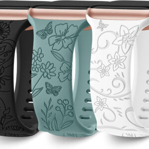 3 Pack Floral Engraved Bands Compatible with Apple Watch Band 40mm 41mm 38mm 42mm 44mm 45mm 49mm Women,Soft Silicone Cute Wildflowers Sport Laser Strap for iWatch Bands Series 9 Ultra SE 8 6 5 4 3 2 1