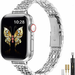 MioHHR Slim Metal Bands Compatible with Apple Watch Band Series 9/ 8/7(45mm 41mm),Series SE 6/5/4(40mm 44mm),Series 3/2 /1(38mm 42mm), Ultra 2 1(49mm),Thin Stainless Steel Chain Strap for Women iWatch Band