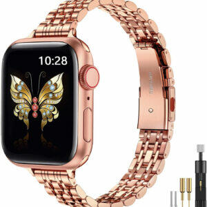 MioHHR Slim Metal Bands Compatible with Apple Watch Band Series 9/ 8/7(45mm 41mm),Series SE 6/5/4(40mm 44mm),Series 3/2 /1(38mm 42mm), Ultra 2 1(49mm),Thin Stainless Steel Chain Strap for Women iWatch Band
